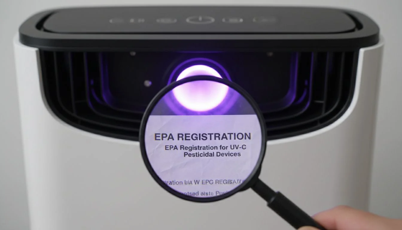 An image of a magnifying glass over an air purifier's UV-C light, revealing a document with 'EPA REGISTRATION' text.