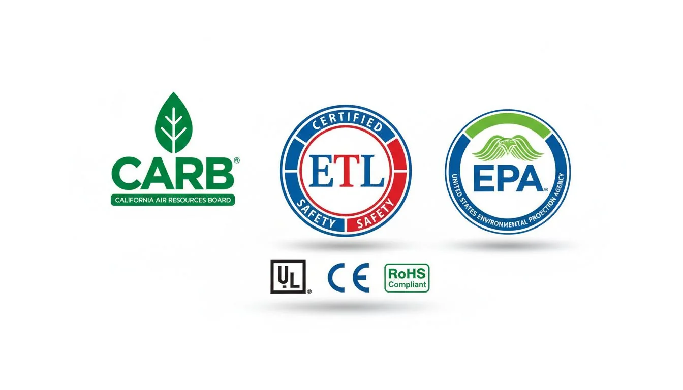 A collection of official certification logos like ETL, CARB, and EPA