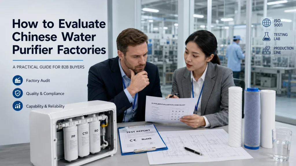 Two professionals discussing a supplier evaluation checklist at a table with water purifier parts, documents, and technical drawings in a factory setting.