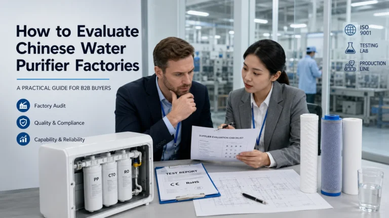 Two professionals discussing a supplier evaluation checklist at a table with water purifier parts, documents, and technical drawings in a factory setting.