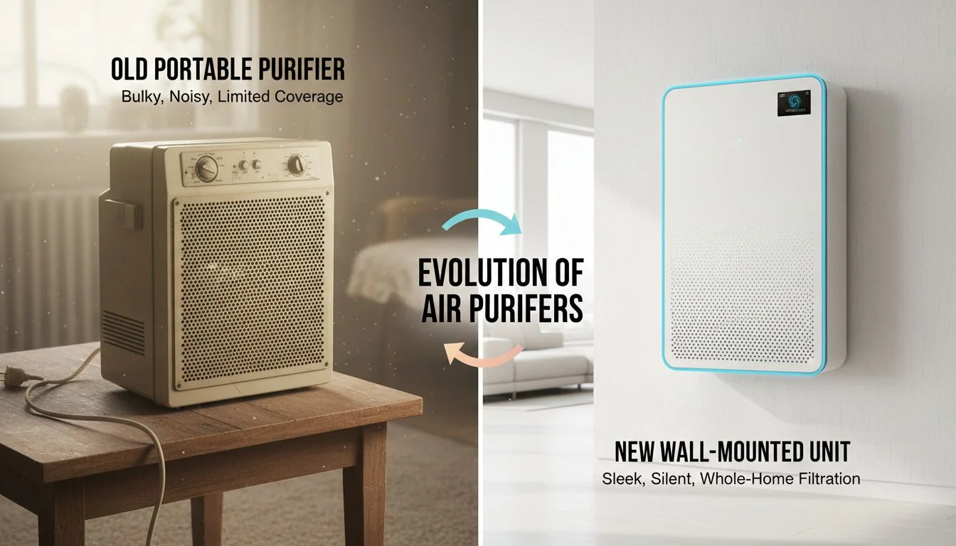 comparison of old portable purifier vs new wall mounted unit
