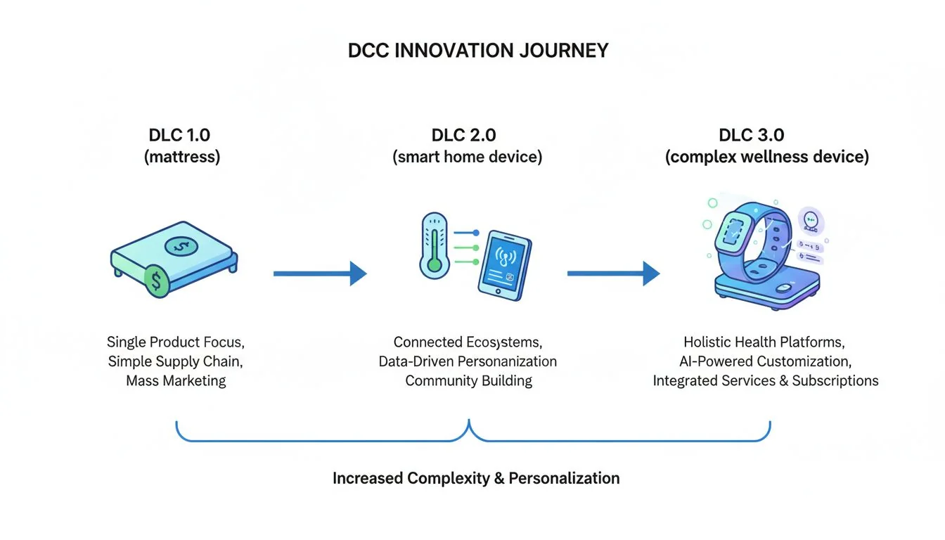 Evolution of D2C Innovation A diagram showing the evolution from D2C 1.0 (mattress) to D2C 3.0 (a complex wellness device).