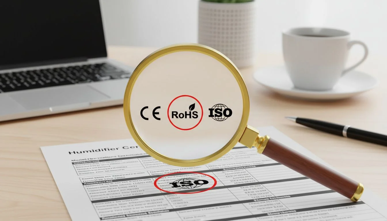 A magnifying glass hovering over a product specification sheet highlighting the CE, RoHS, and ISO logos.