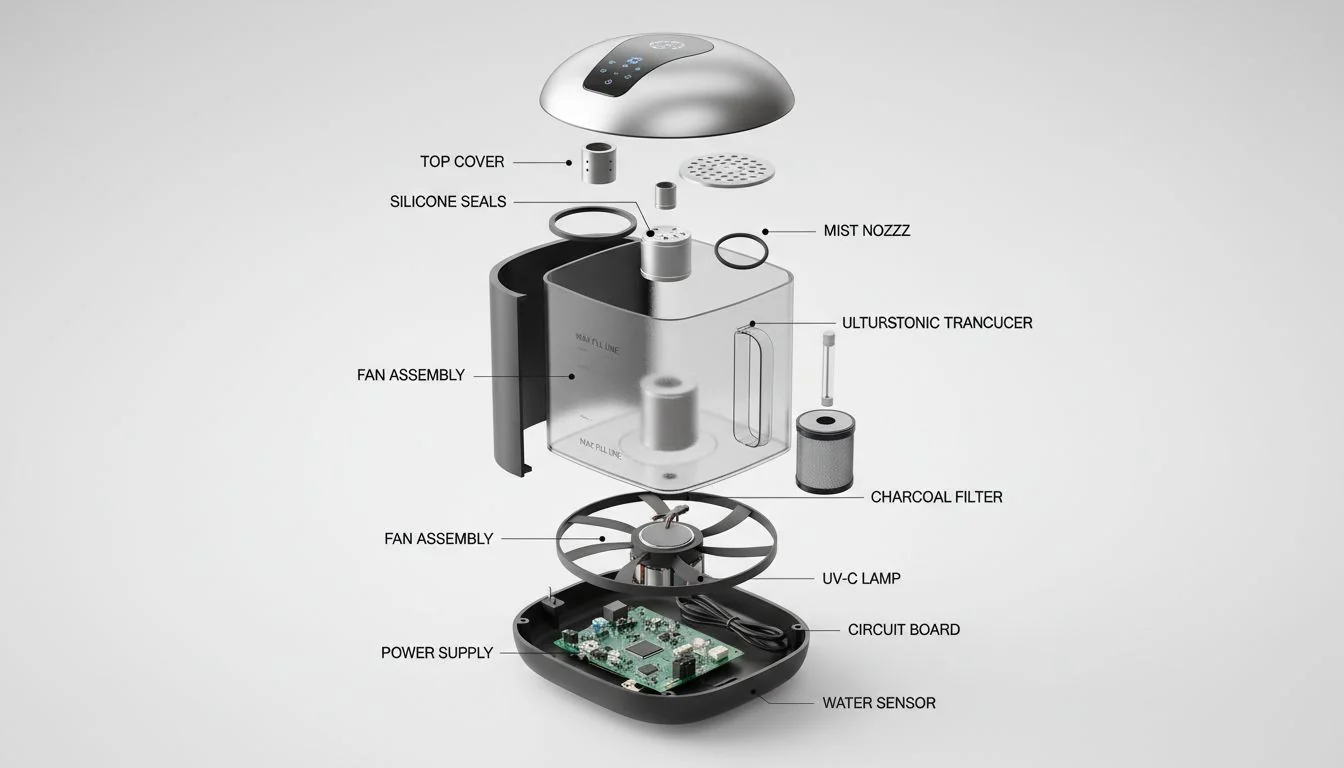 Exploded View of a Premium Humidifier Exploded view of a premium humidifier showing internal components like the fan, seals, and tank.