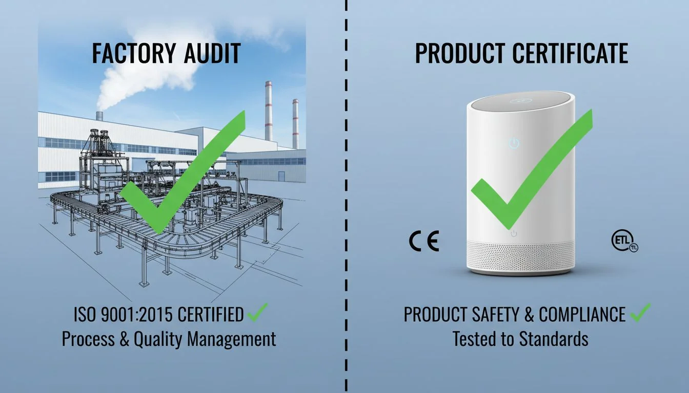 Factory audit vs. product certificate explained A side-by-side comparison: one side shows a factory with a checkmark on its process (ISO 9001), the other shows a specific product with a checkmark on its safety (CE/ETL).