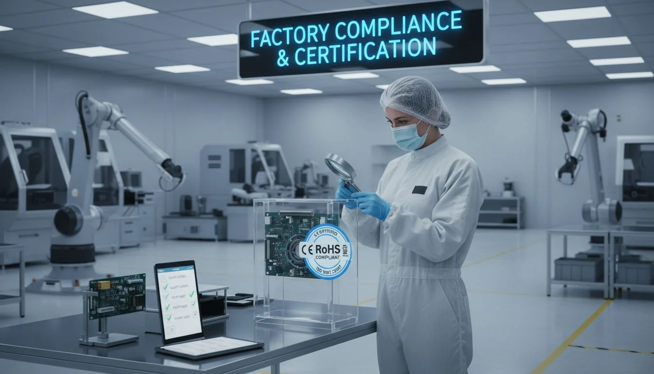 An engineer in a clean factory environment inspecting a certified electronic component.