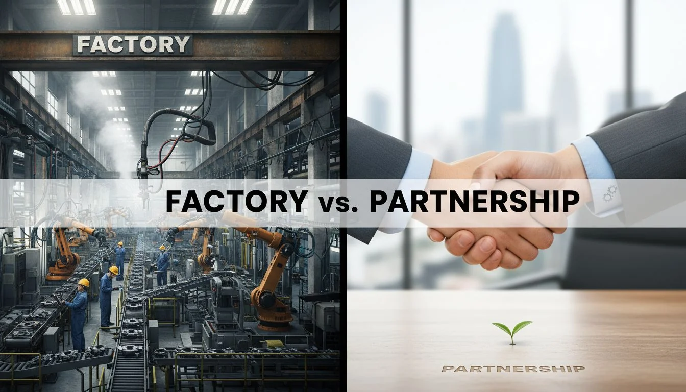 A split image showing a complex factory on one side and a simple partnership handshake on the other.