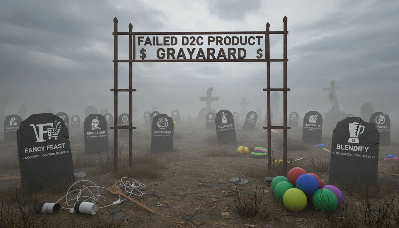 Failed D2C Product Graveyard A graveyard of failed product ideas with startup logos