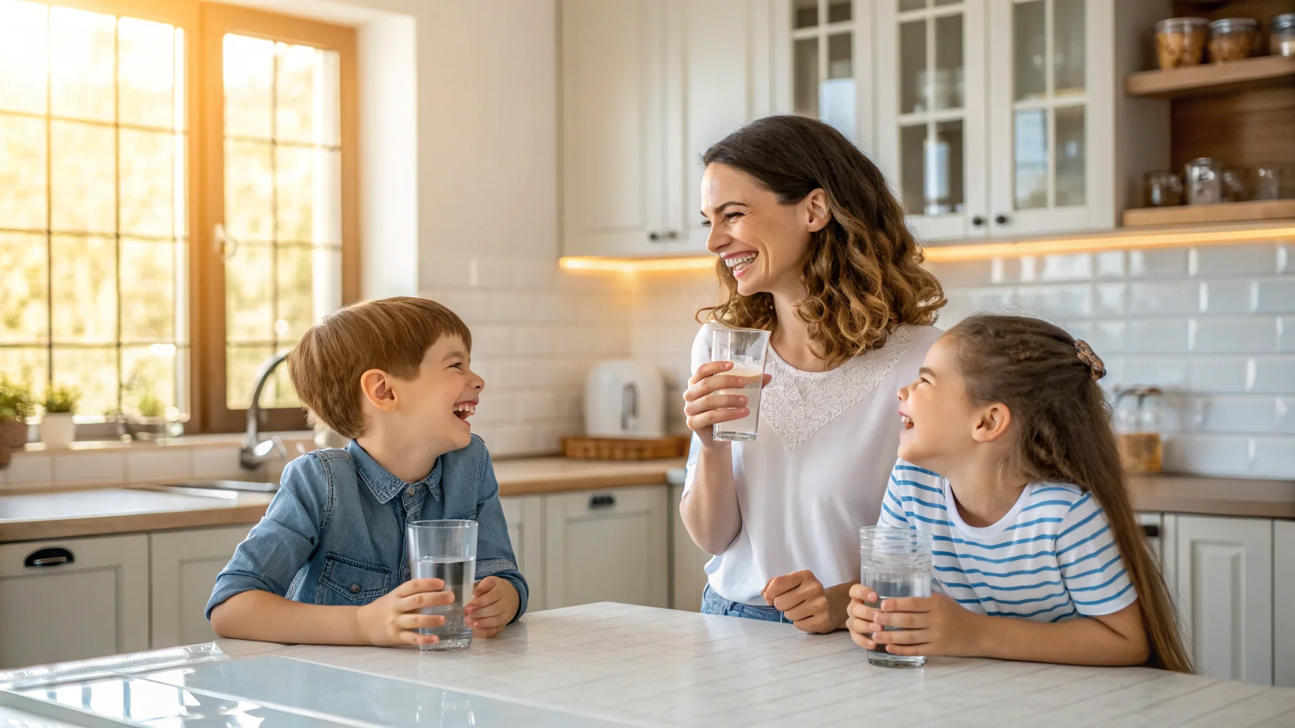 A family happily drinking glasses of water in their kitchen