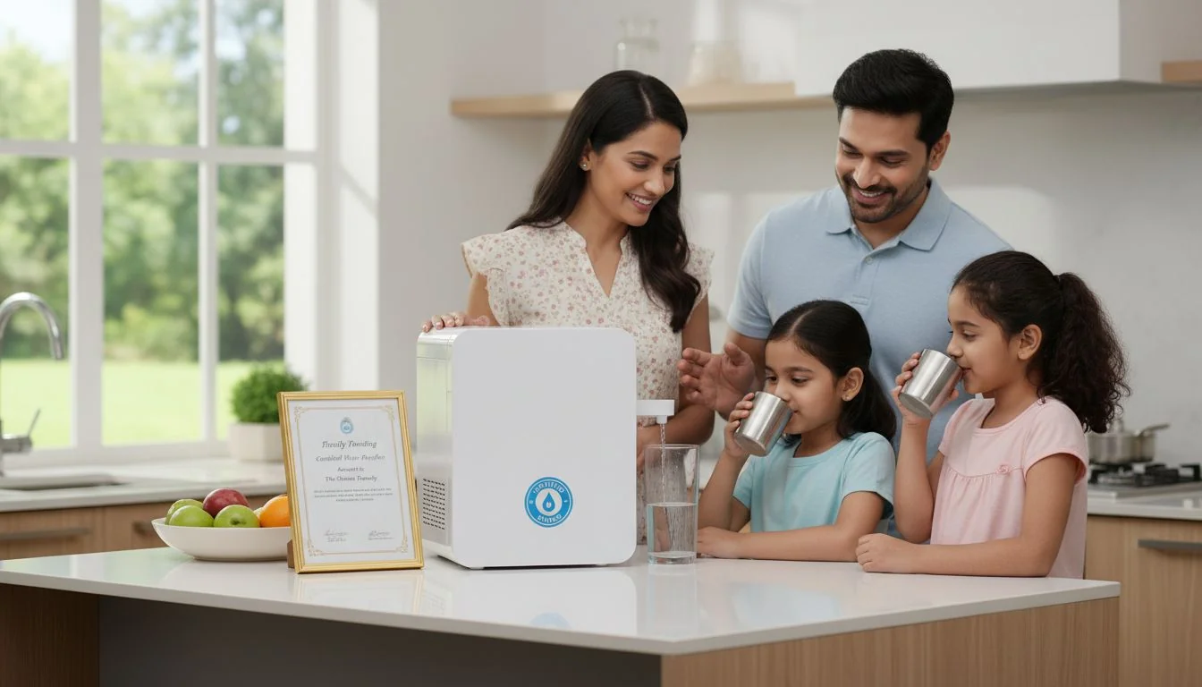 Family Trusting Certified Water Purifier A family drinking clean water from a certified purifier in their kitchen