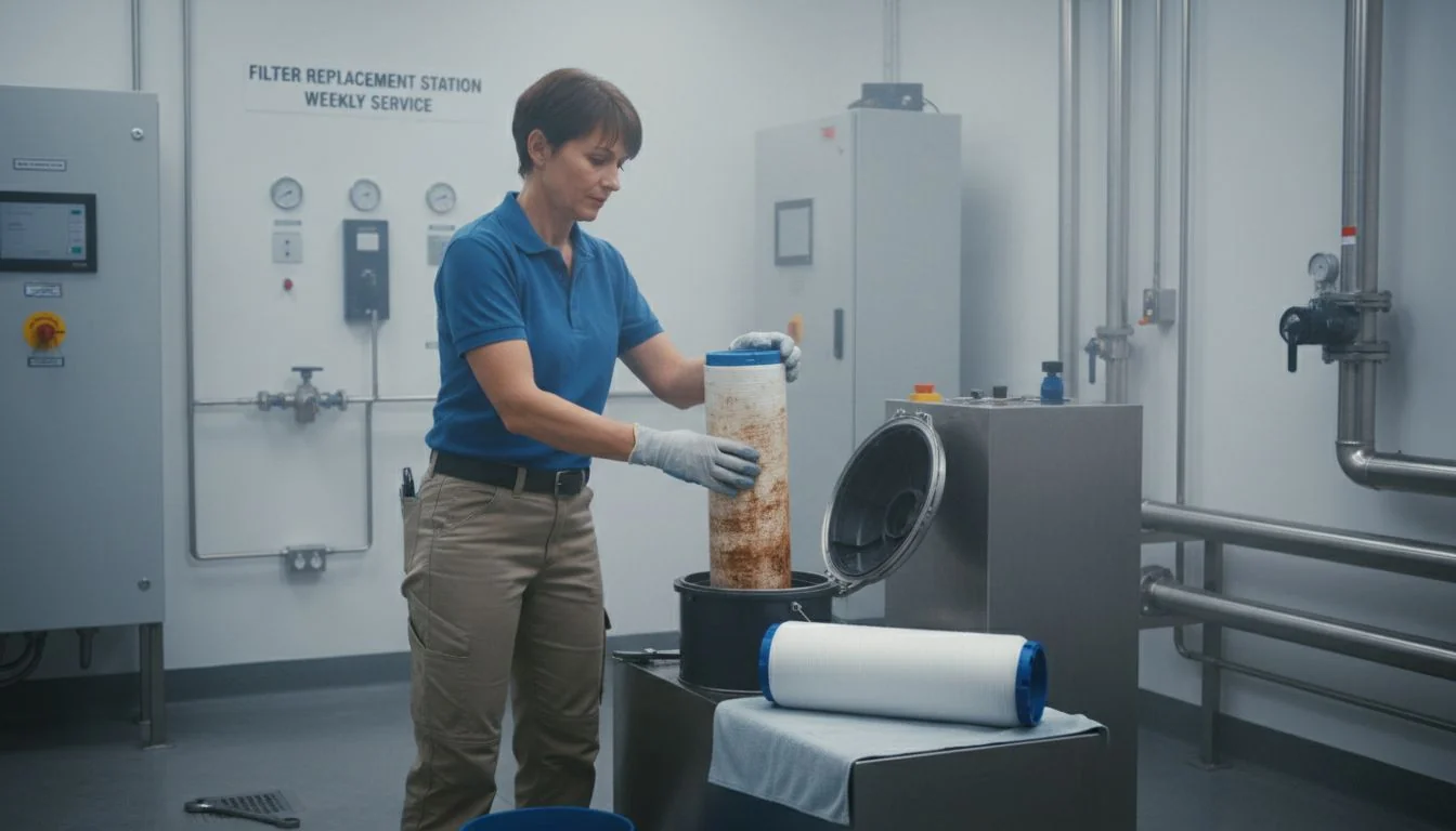 Facility manager replacing water filter