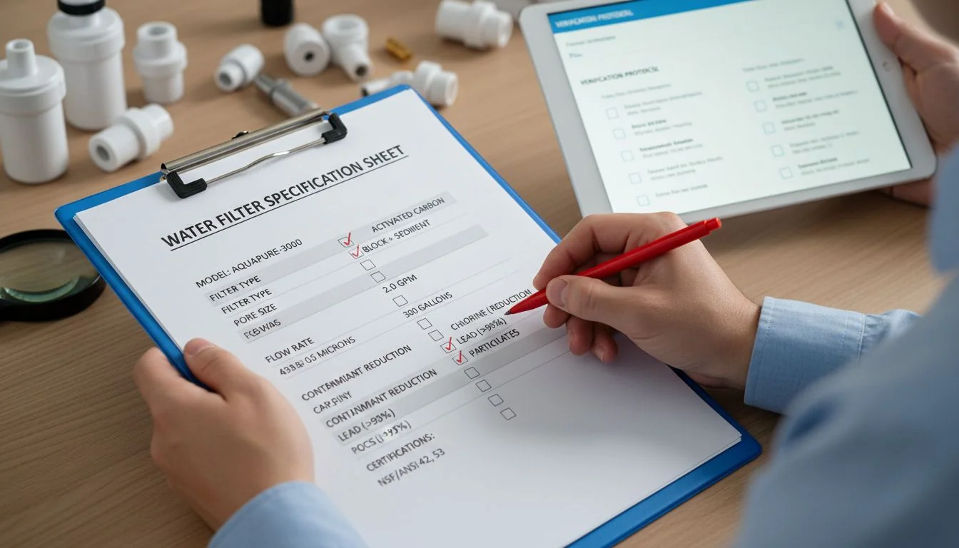 Water filter spec sheet verification