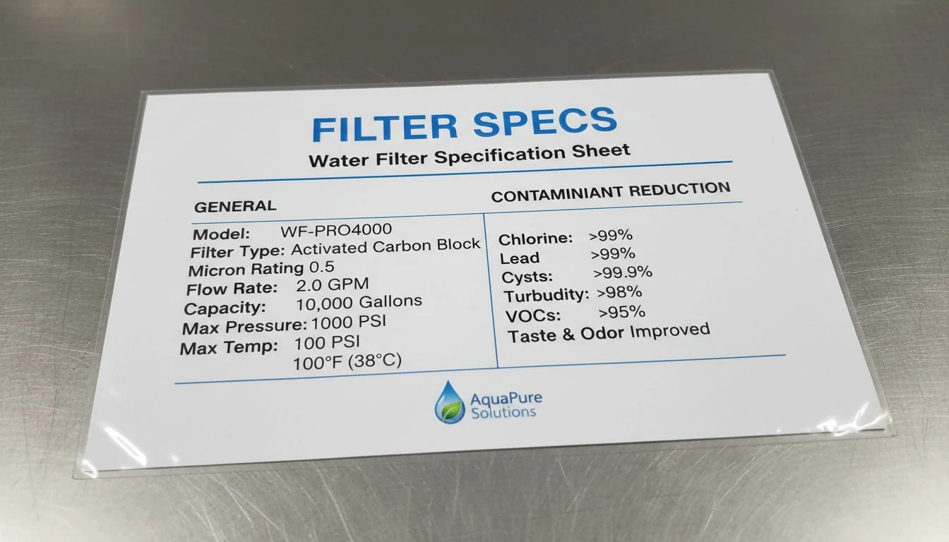 Water filter specification sheet