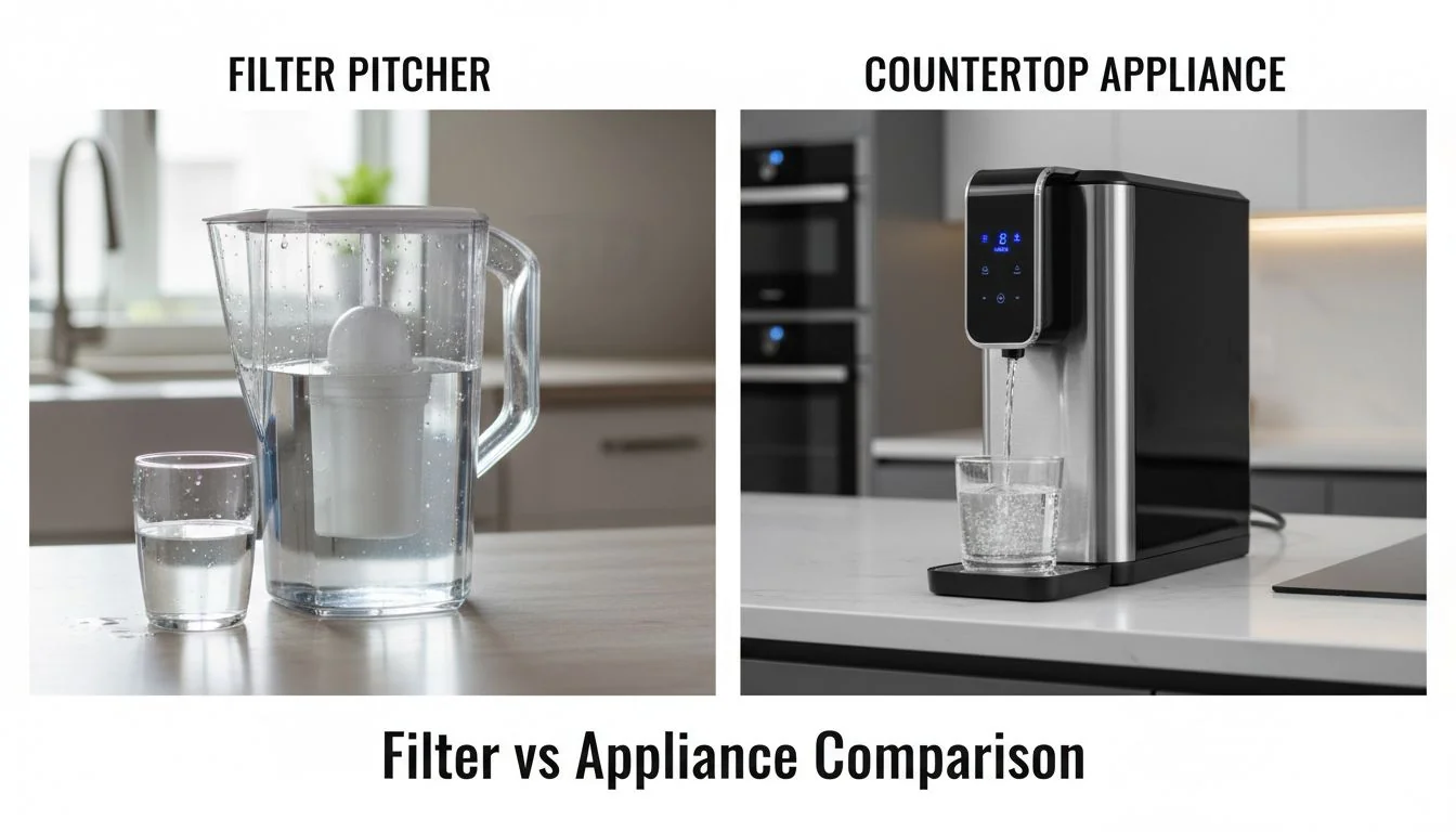 Filter vs Appliance Comparison comparison of plastic filter pitcher versus high end countertop appliance