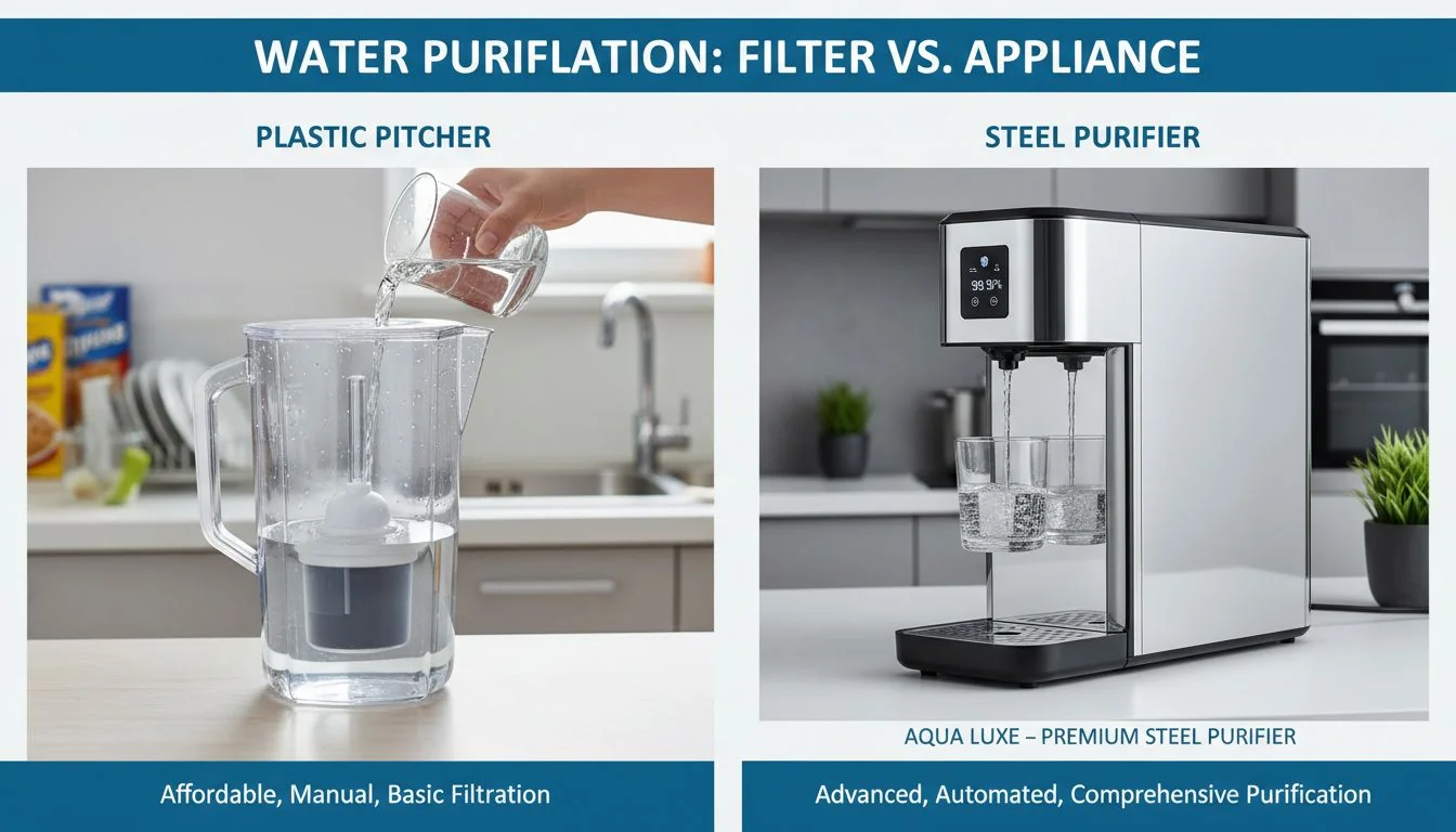 Filter vs Appliance Comparison comparison of plastic water pitcher versus premium steel purifier