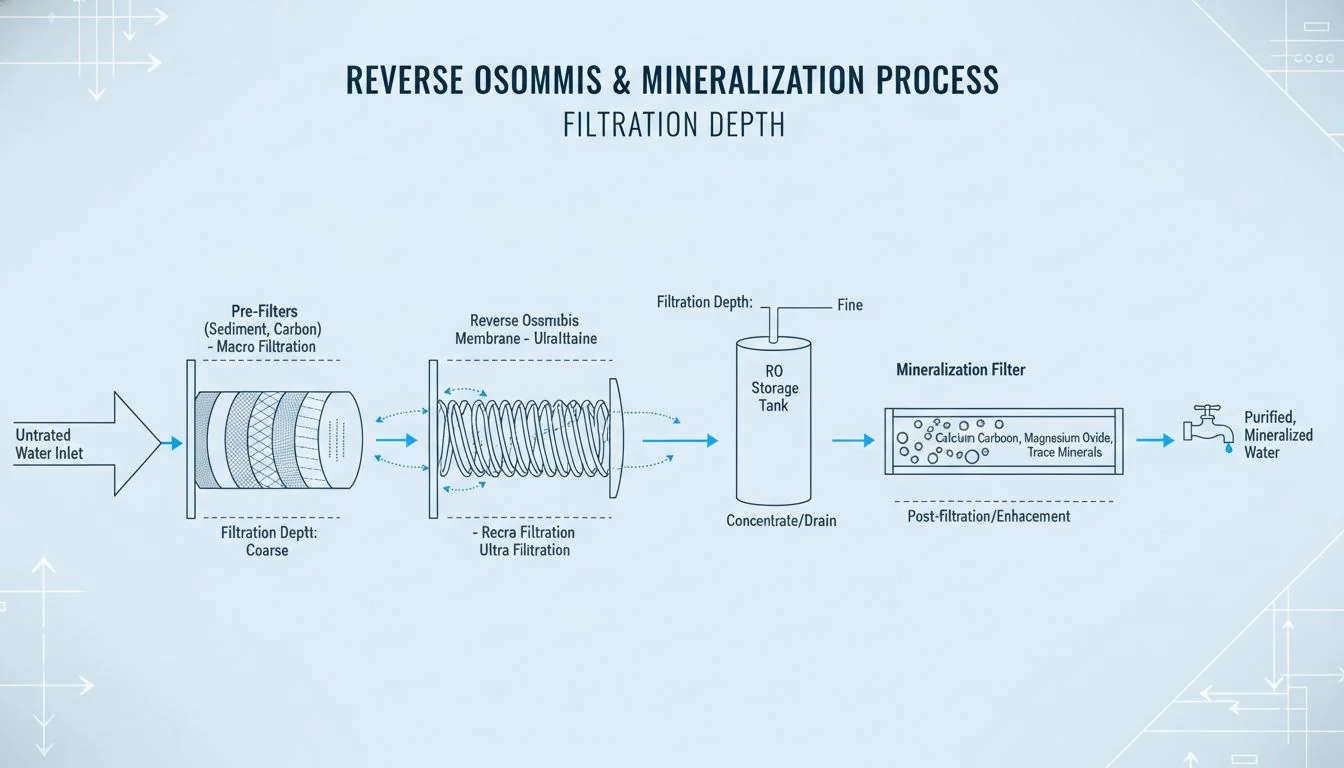 Filtration Depth diagram of reverse osmosis and mineralization process