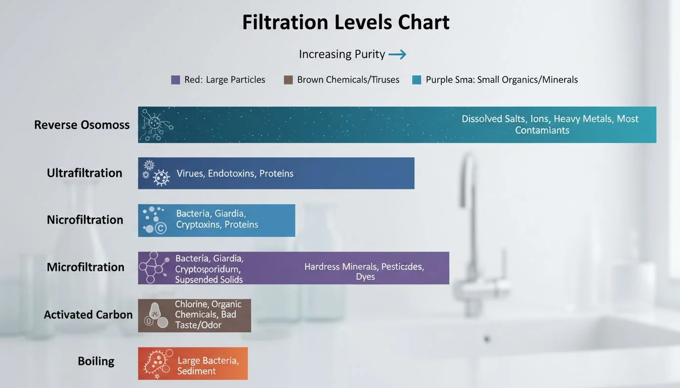 Filtration Levels Chart chart showing filtration levels from boiling to reverse osmosis