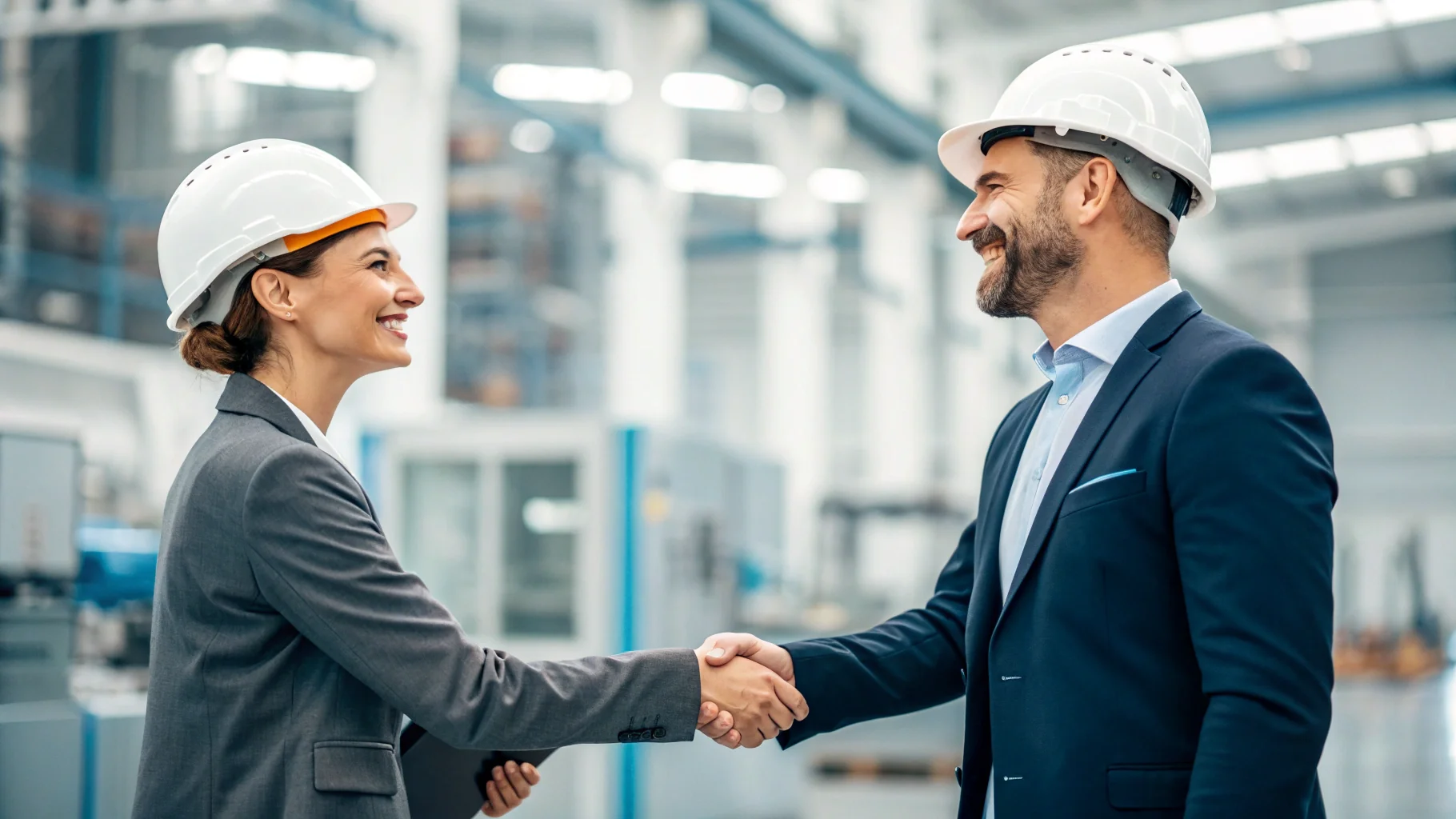 A person shaking hands with a factory manager, sealing a partnership deal