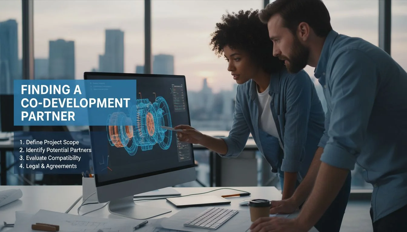 Two engineers collaborating over a 3D model on a computer screen