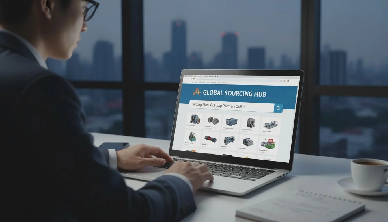 A person browsing a B2B website like Alibaba on a laptop, with a search bar visible.
