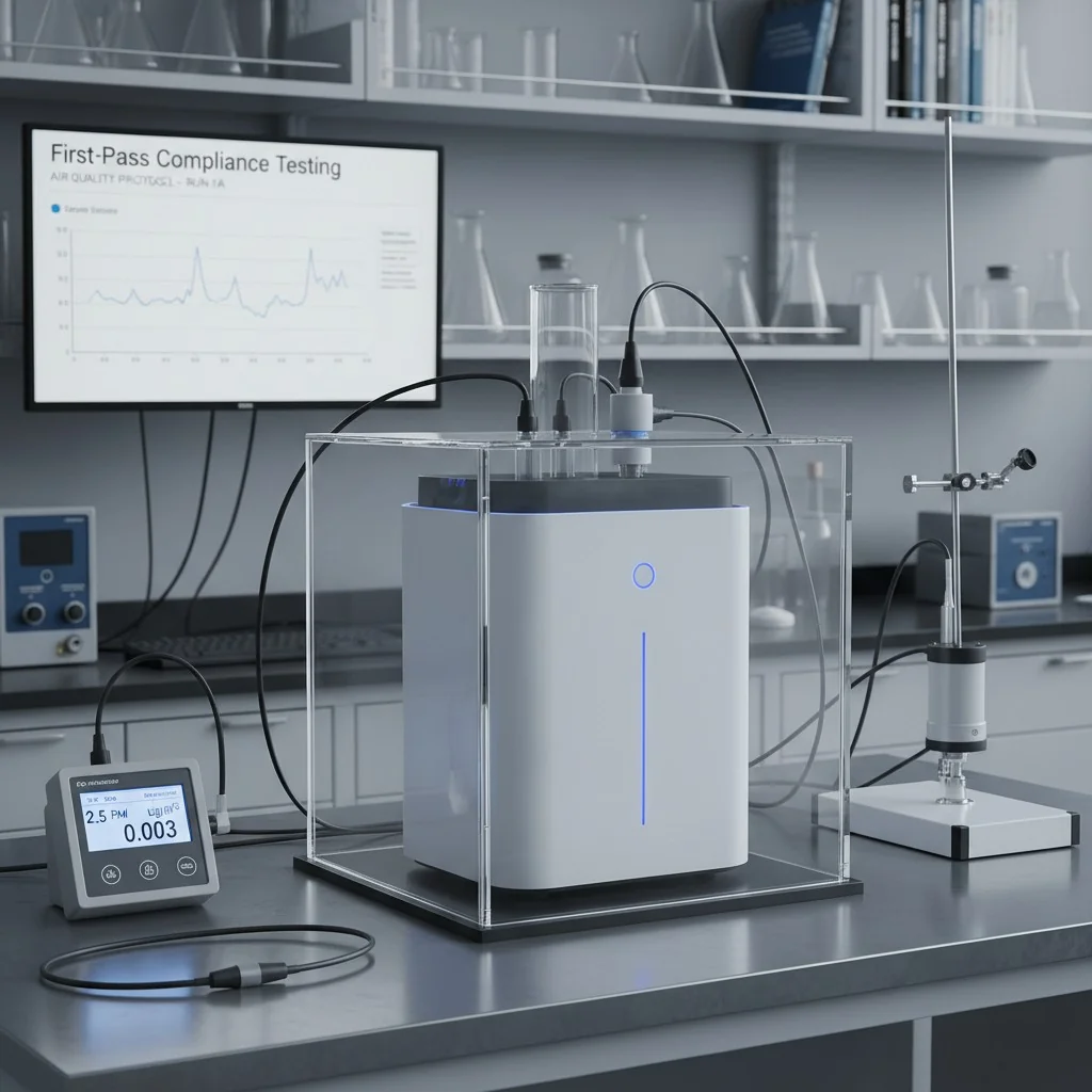 An air purifier inside a glass testing chamber in a laboratory.