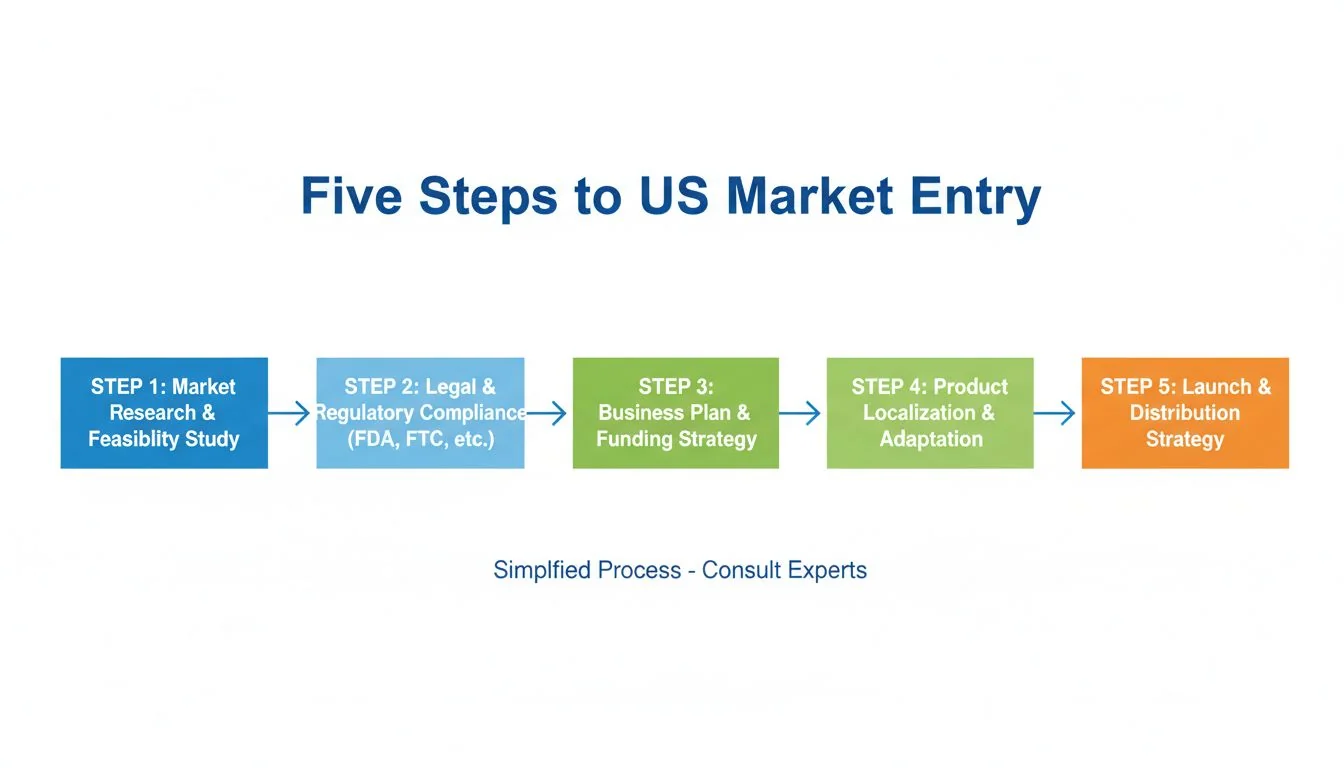 A flowchart showing the five steps to launching a product in the US.