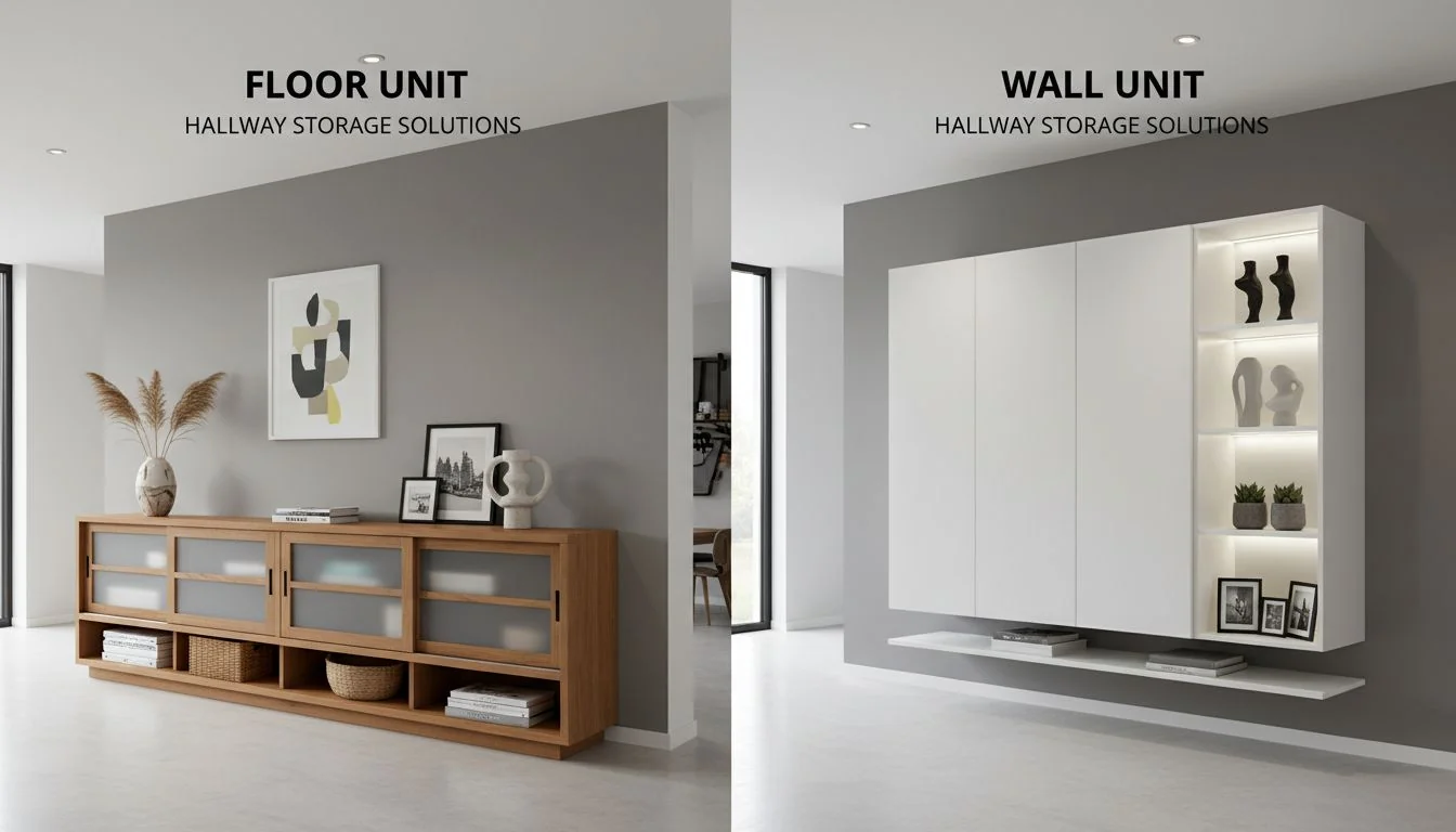 comparison of floor unit vs wall unit in a hallway