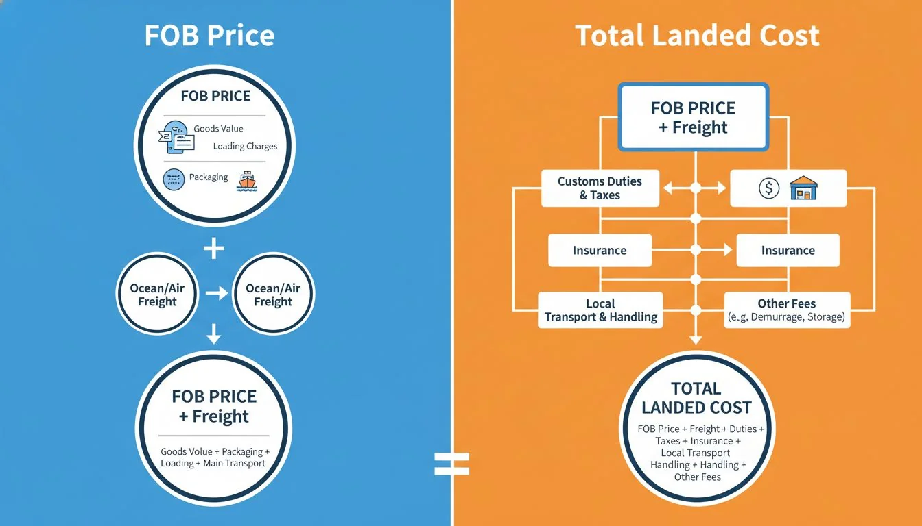 FOB Price vs. Total Landed Cost Infographic breaking down the components of Total Landed Cost