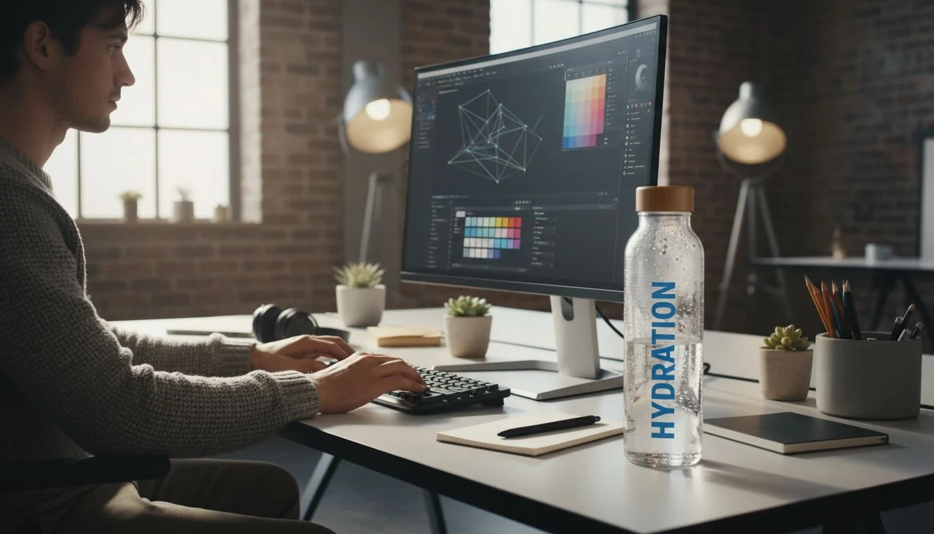 designer working at computer with water bottle