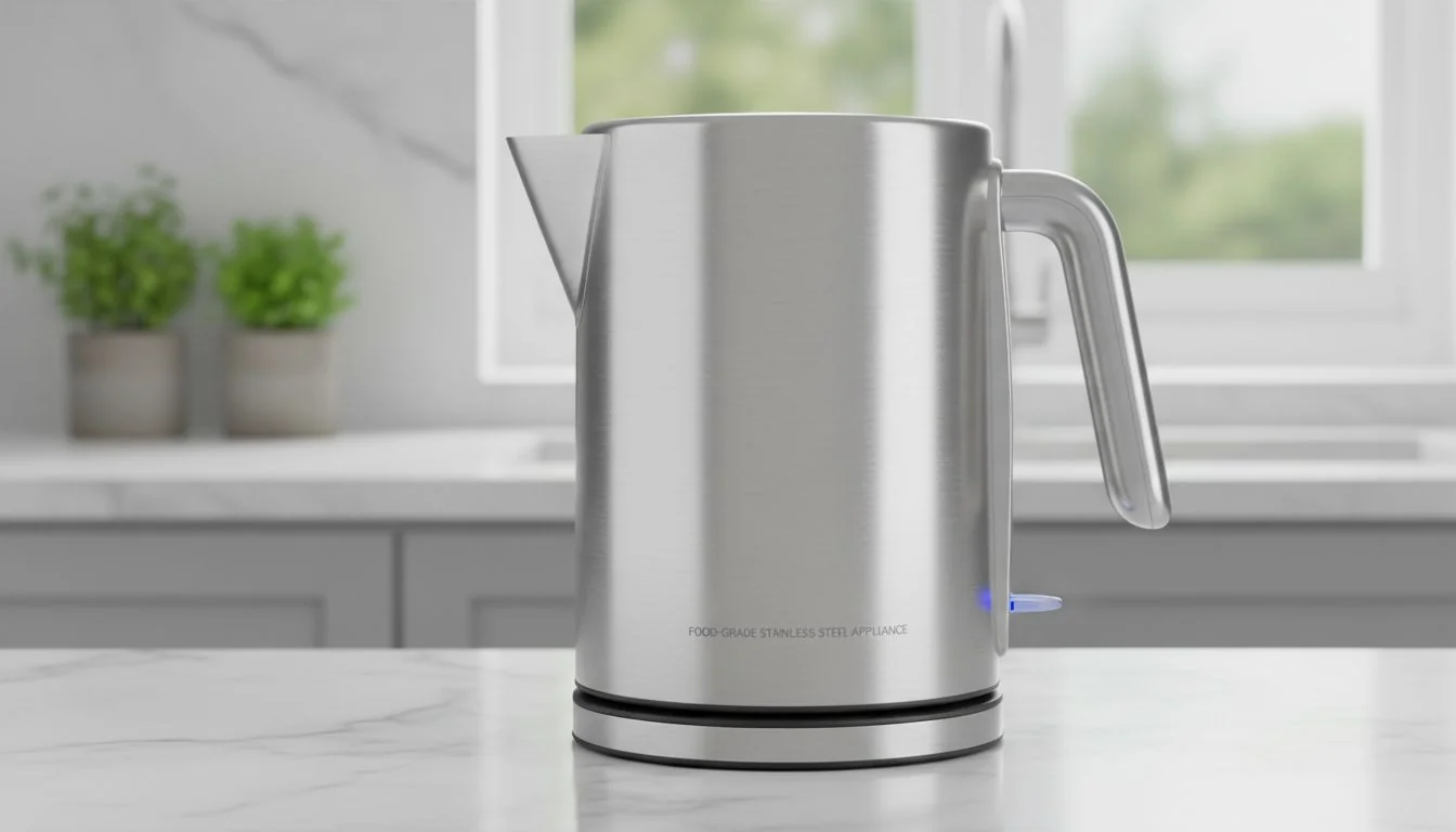 Food-Grade Stainless Steel Appliance A sleek, brushed stainless steel water kettle, looking clean and modern