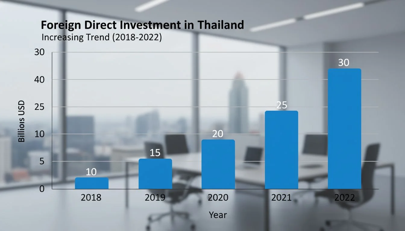 Foreign Direct Investment in Thailand Graph showing increasing foreign direct investment into Thailand