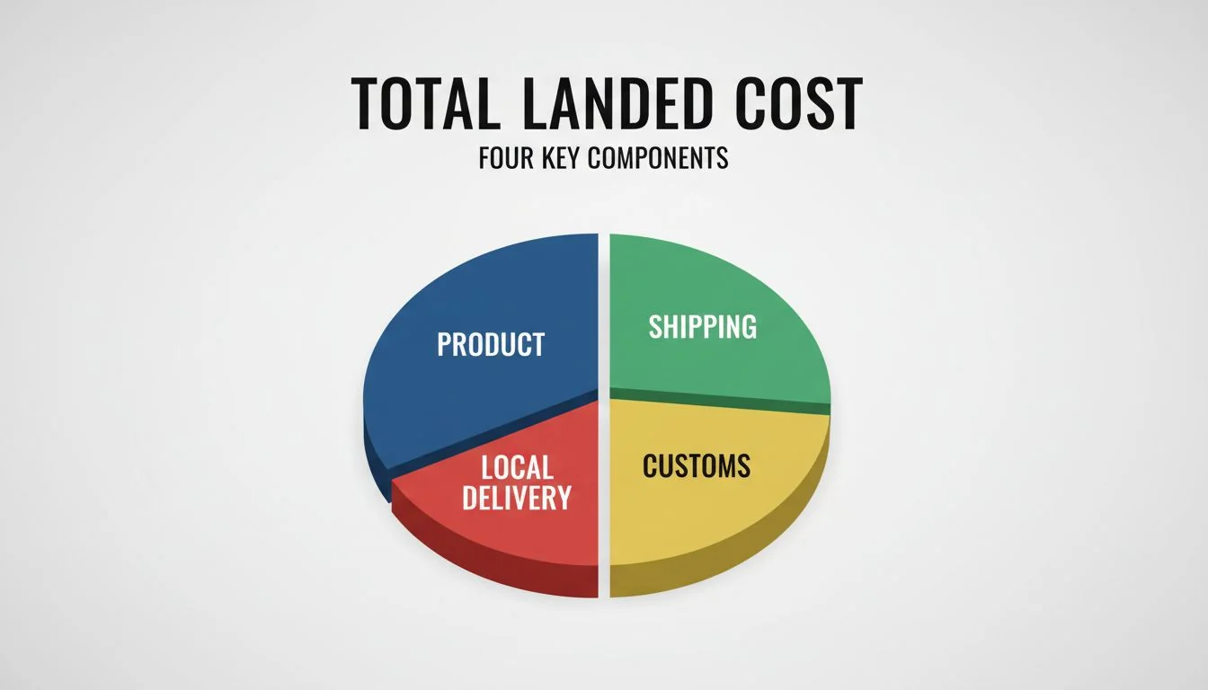 A pie chart divided into four sections labeled Product, Shipping, Customs, and Local Delivery.