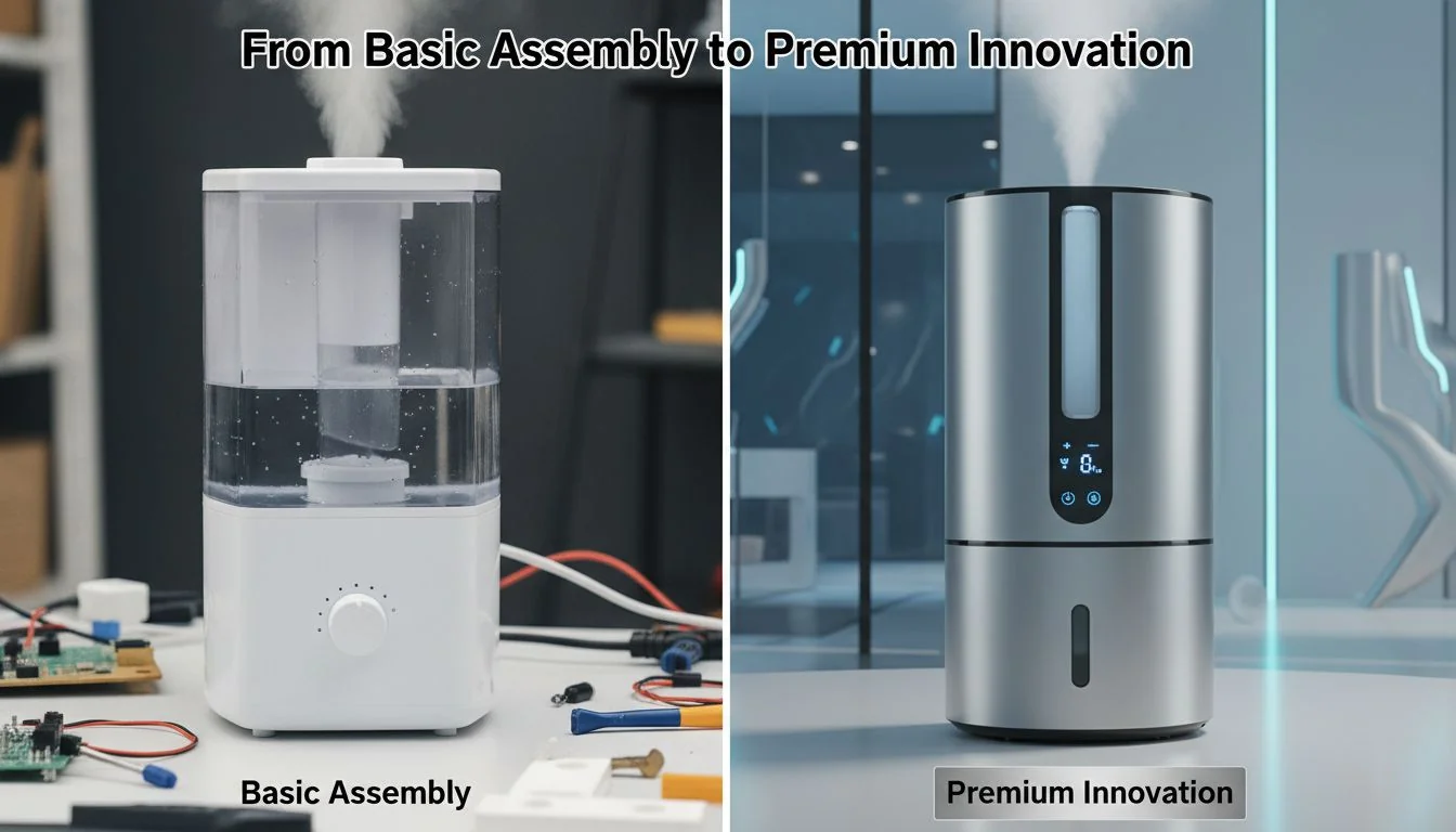A split image showing a basic plastic humidifier on one side and a premium stainless steel one on the other