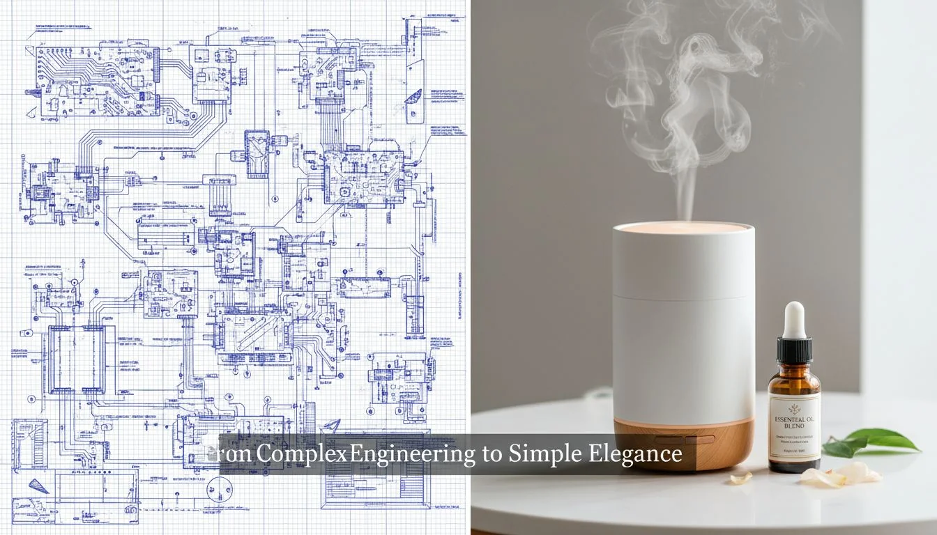 A split image showing a complex engineering diagram on one side and a beautiful, finished wellness product on the other.
