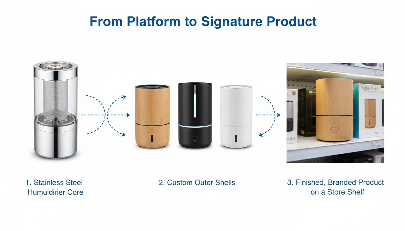 A three-step infographic: 1. A stainless steel humidifier core. 2. Arrows pointing to different custom outer shells. 3. A finished, branded product on a store shelf.