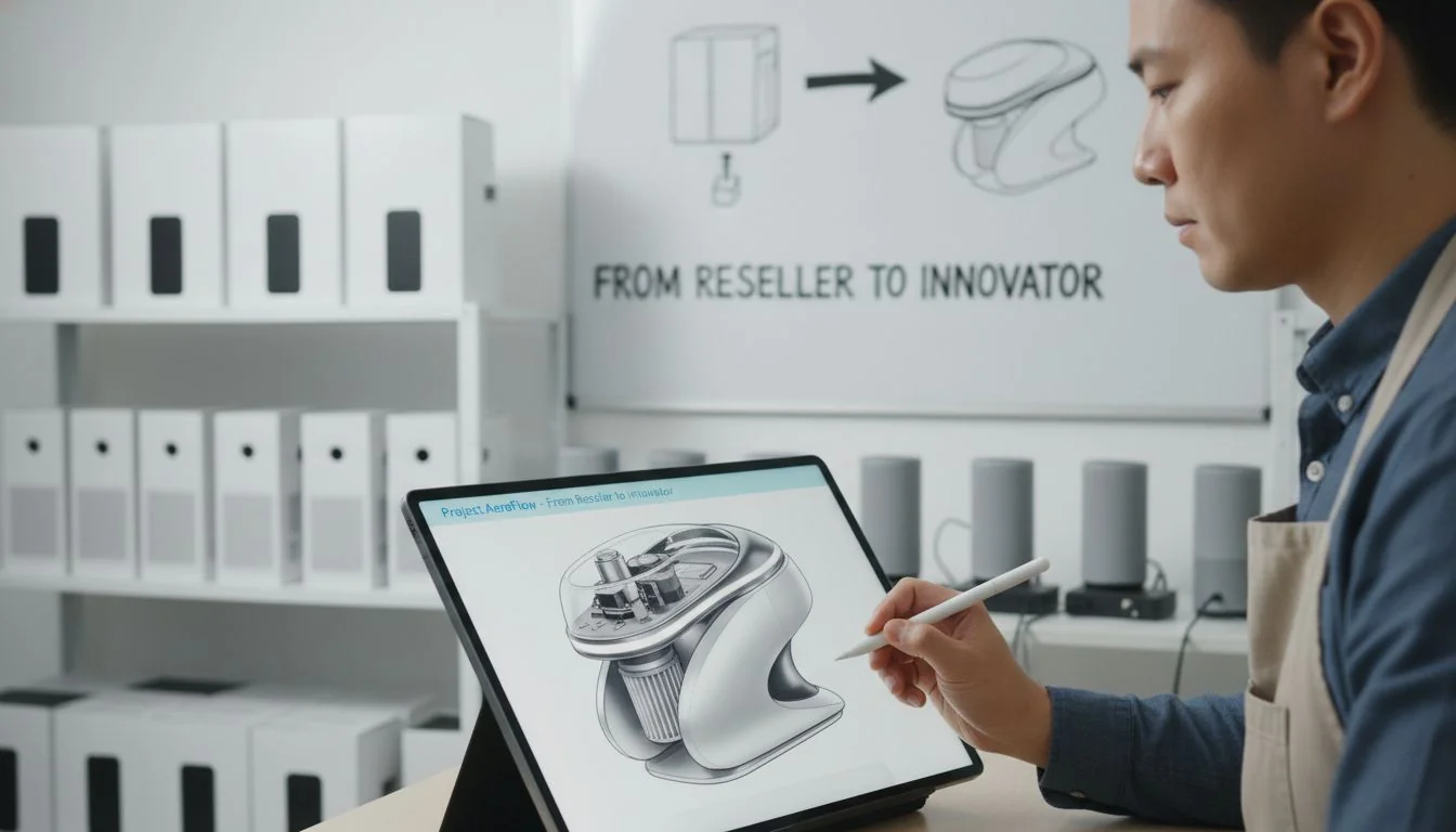 A designer sketching a unique-looking air purifier on a tablet, with generic products in the background.