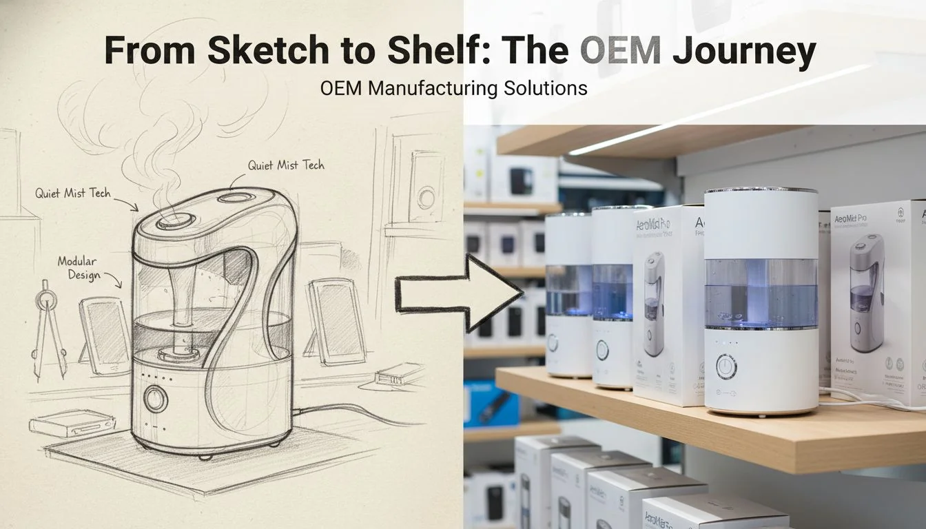 From Sketch to Shelf: The OEM Journey A design sketch of a humidifier transforming into a physical product on a retail shelf.