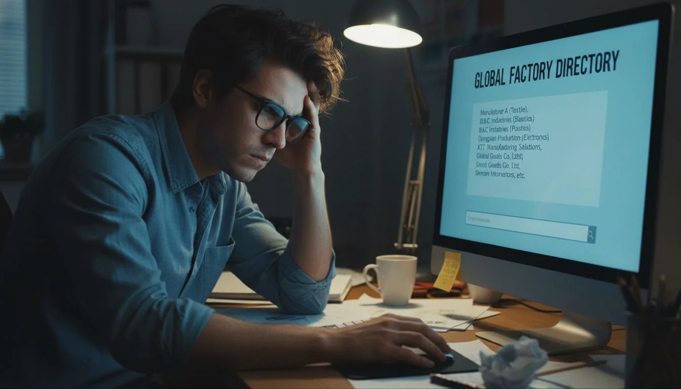 Frustrated Designer Searching for Manufacturers An image of a frustrated designer looking at a computer screen showing a generic list of factories.