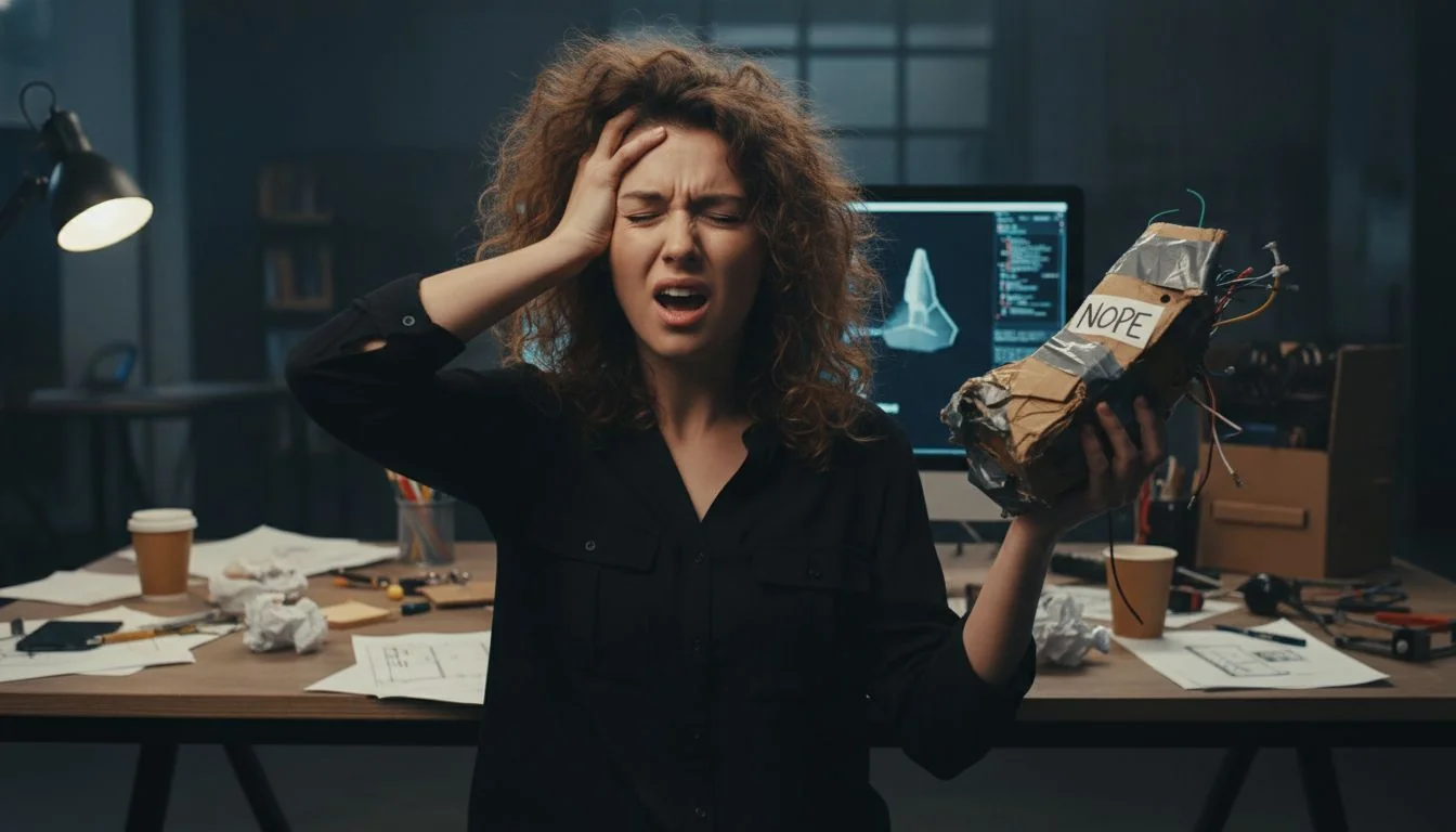 An image of a designer looking frustrated at a poorly made product prototype.