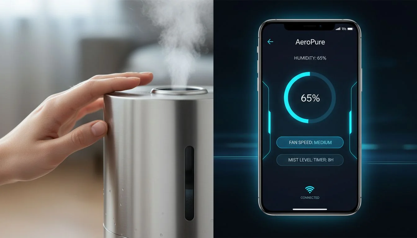 Fusion of Material and Tech A split image showing a hand touching a stainless steel humidifier tank on one side, and an app interface on the other.