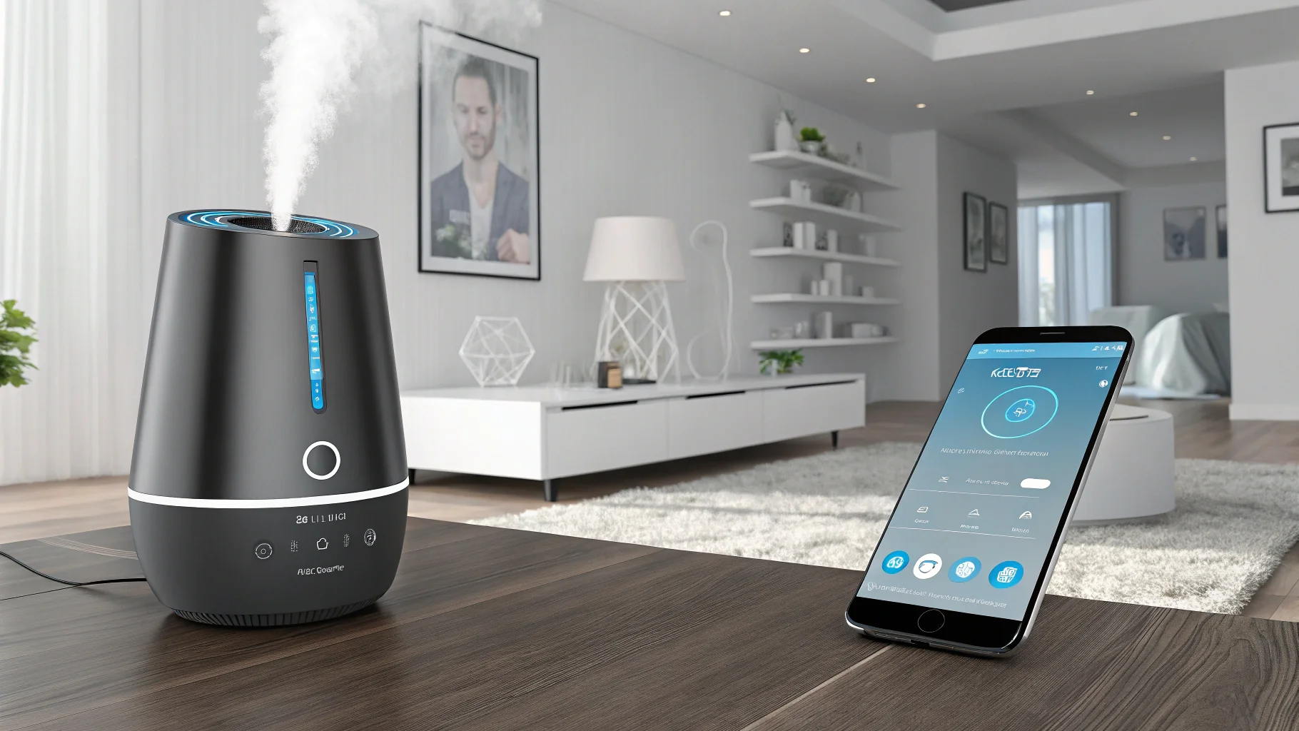 A futuristic-looking smart humidifier controlled by a smartphone app