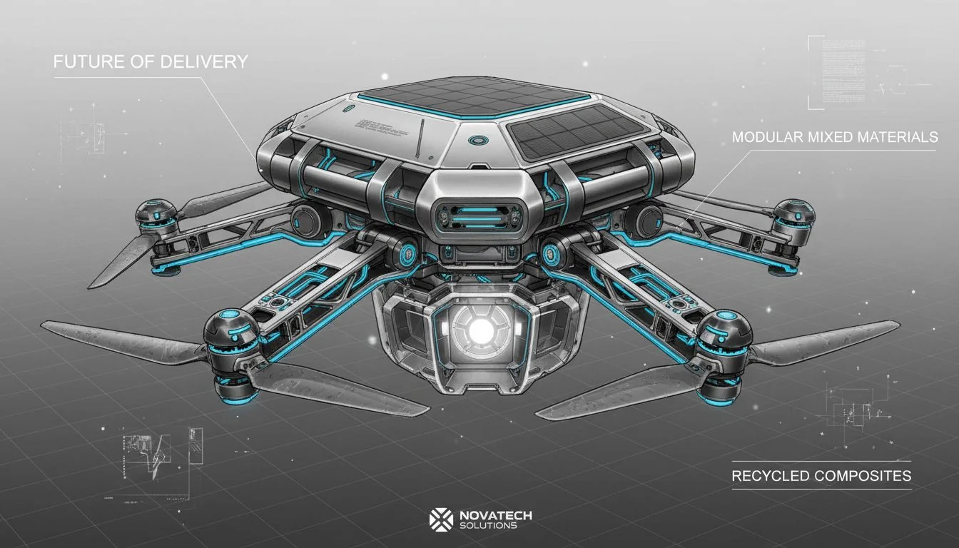 Future of Product Design with Mixed Materials A futuristic product design sketch showing a mix of sleek metal and functional plastic components.