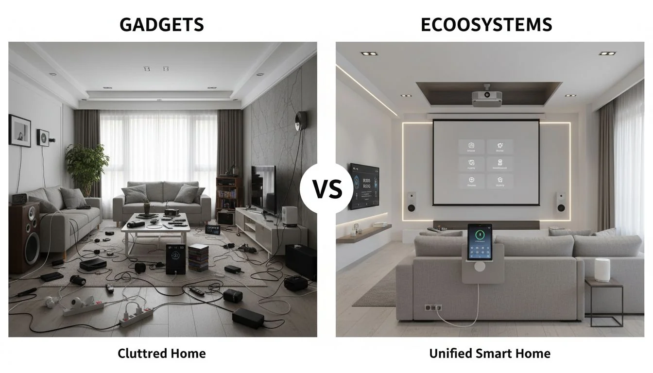 comparison of a cluttered home vs a unified smart home ecosystem
