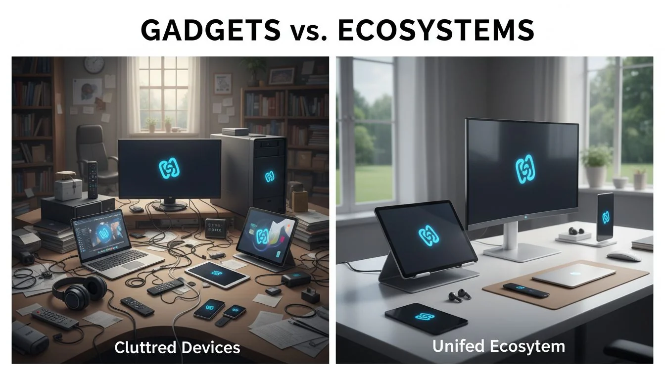 Comparison of cluttered devices vs unified ecosystem