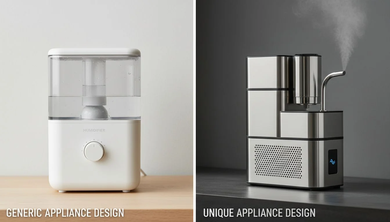 A split image showing a generic white plastic humidifier on one side and a sleek, custom-designed stainless steel one on the other.