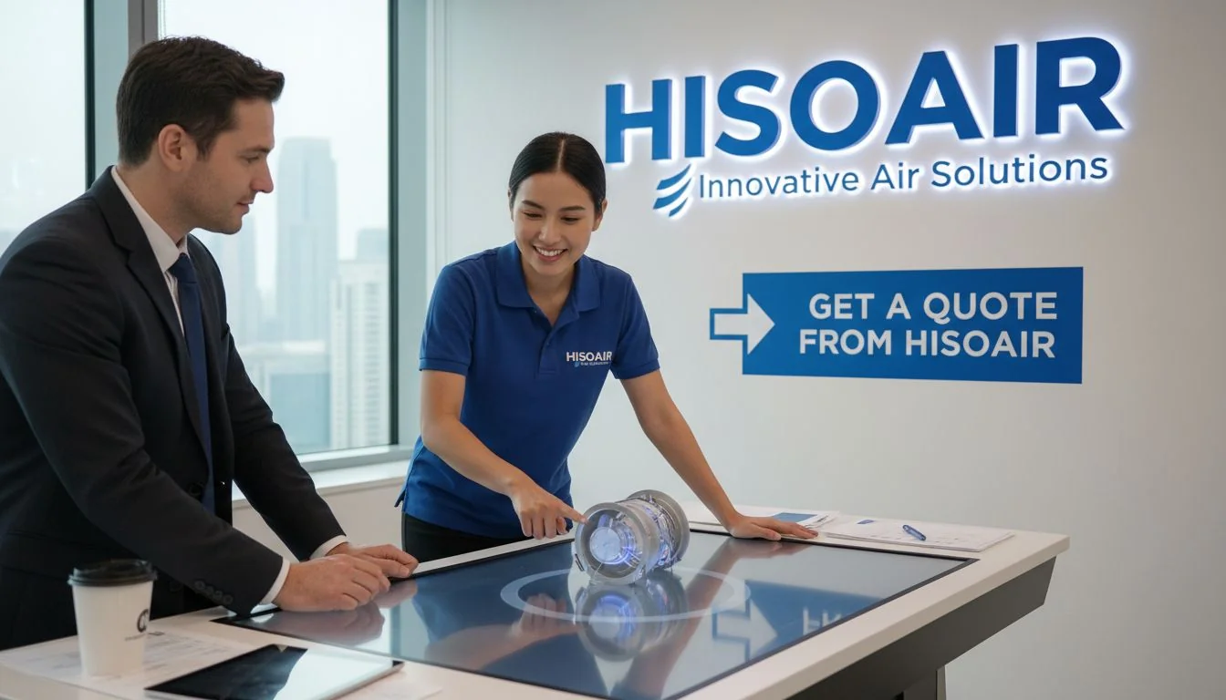 An image of a friendly engineer or consultant from Hisoair reviewing a product design with a client.
