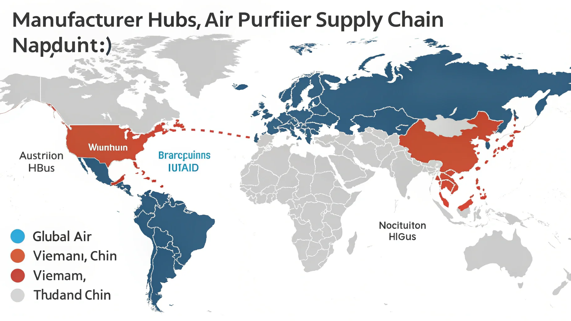 A world map highlighting manufacturing hubs in China, Vietnam, and Thailand