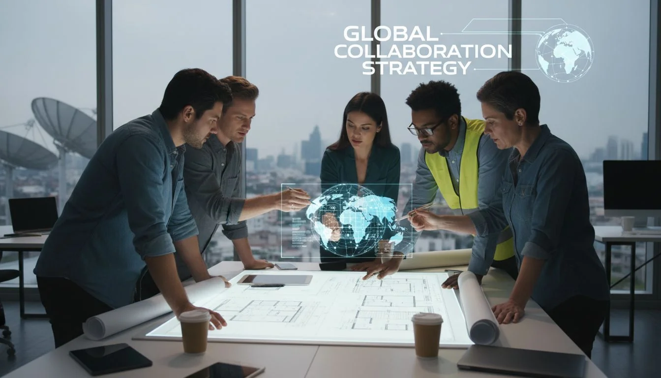 engineers collaborating over blueprints