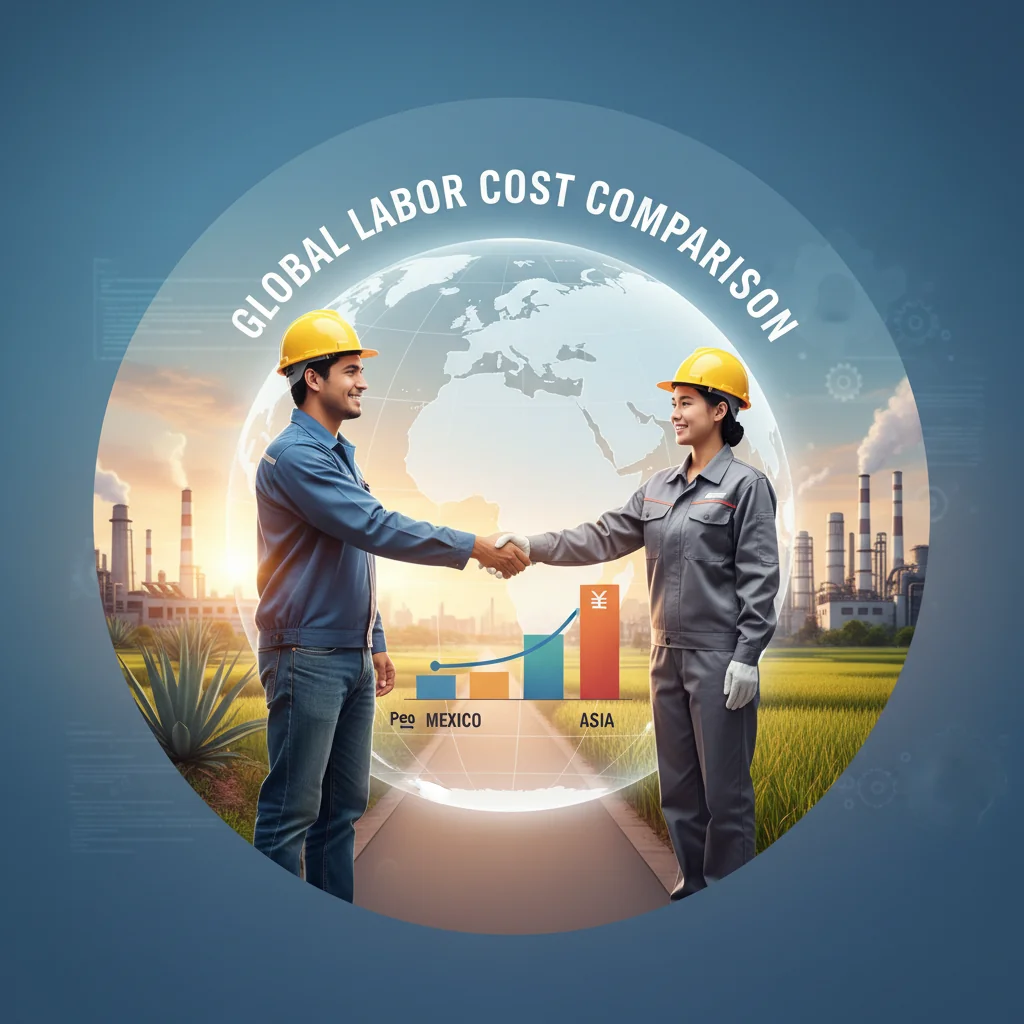 Two factory workers, one in Mexico and one in Asia, shaking hands across a globe