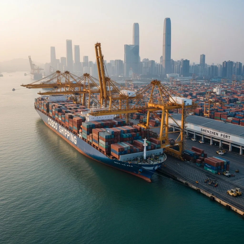 A large container ship being loaded at the Port of Shenzhen